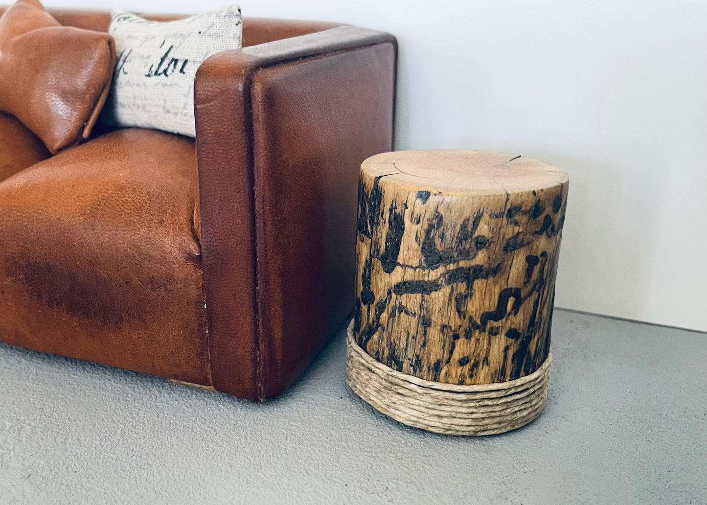 Wood Stump Accent Table with Twine Trim