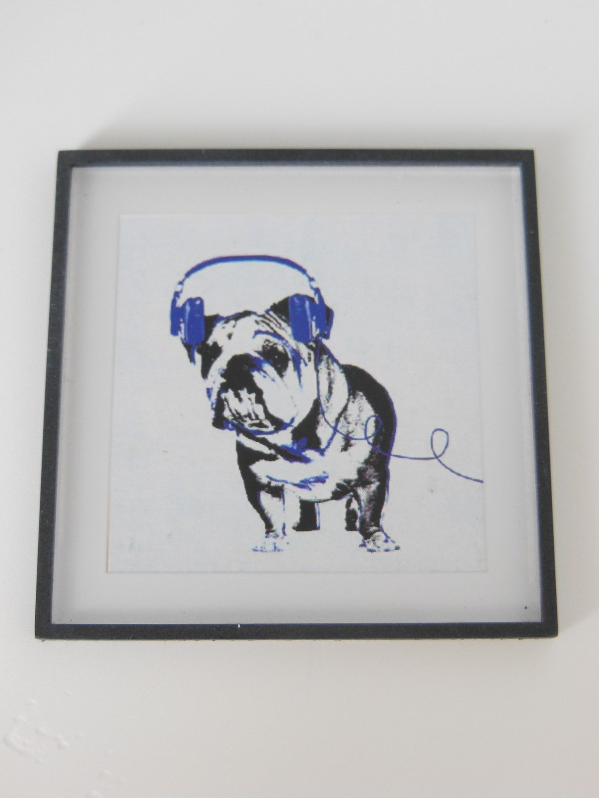 Dog with Blue Headphones Black Frame