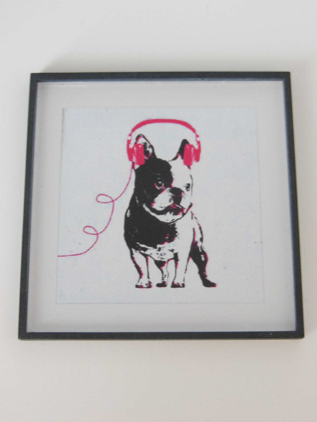 Dog with Pink Headphones Black Frame
