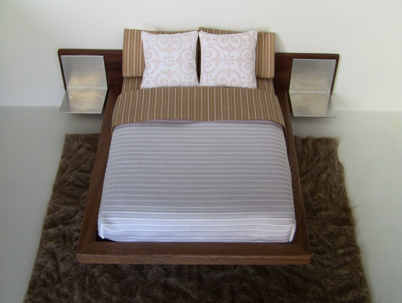 Walnut Platform Bed with Walnut Headboard and Aluminum Nightstands