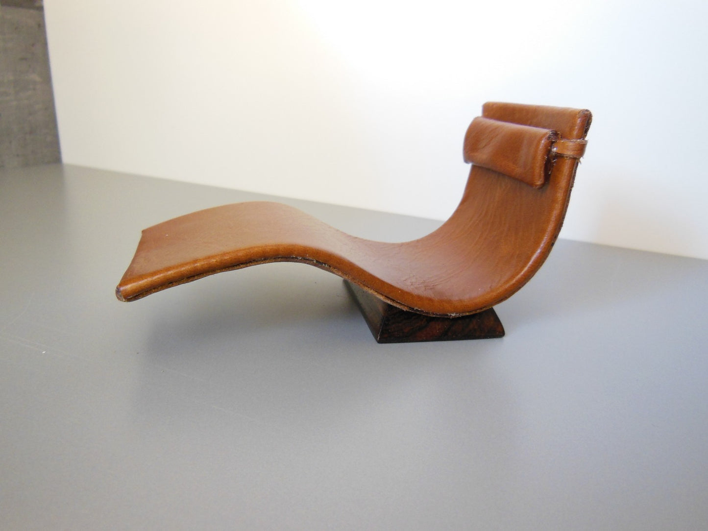 Tan Leather Chaise with Wood Base