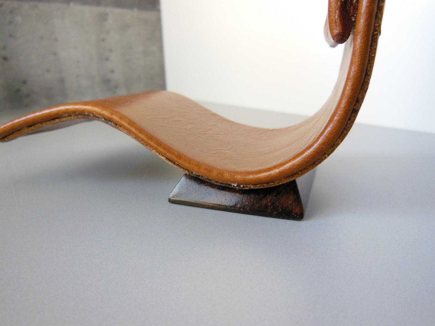 Tan Leather Chaise with Wood Base