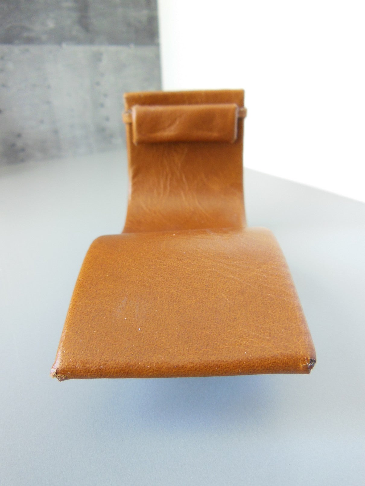 Tan Leather Chaise with Wood Base