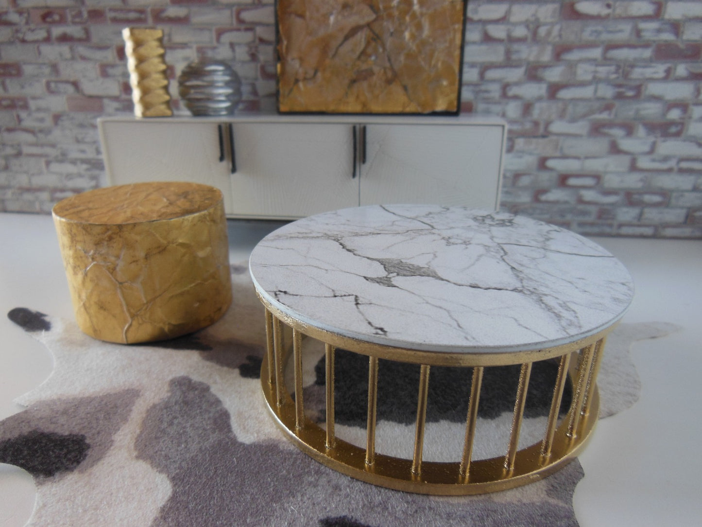 Marble Spoke Drum Table Marble/Gold