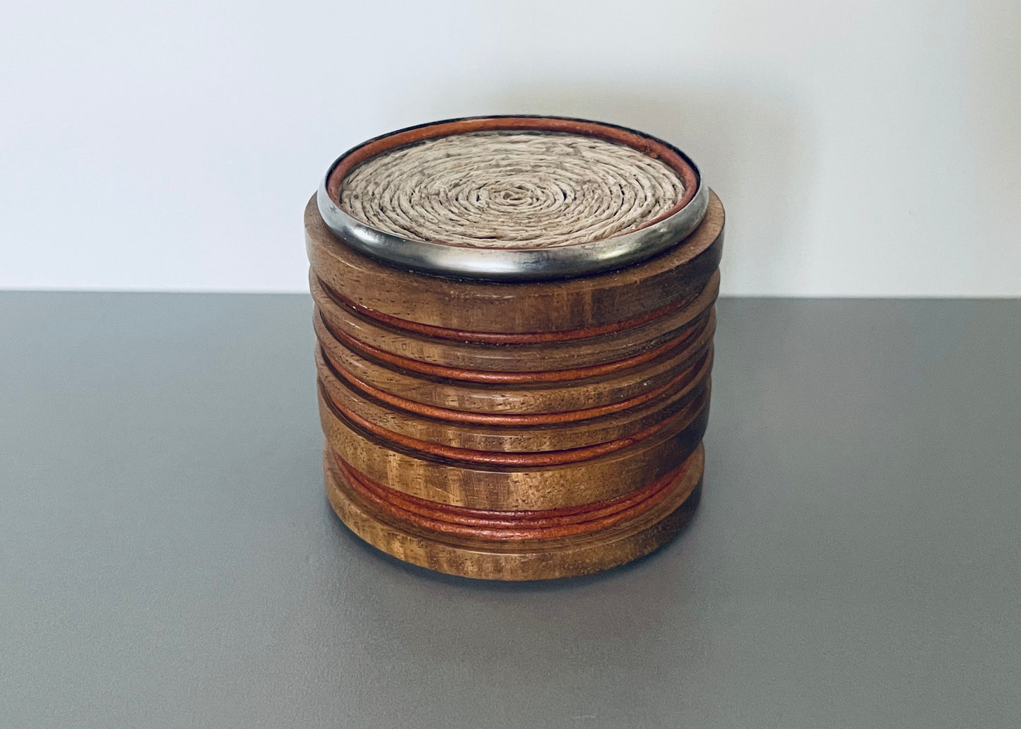 Round Wood Ribbed Accent End Table with Twine Inset Top