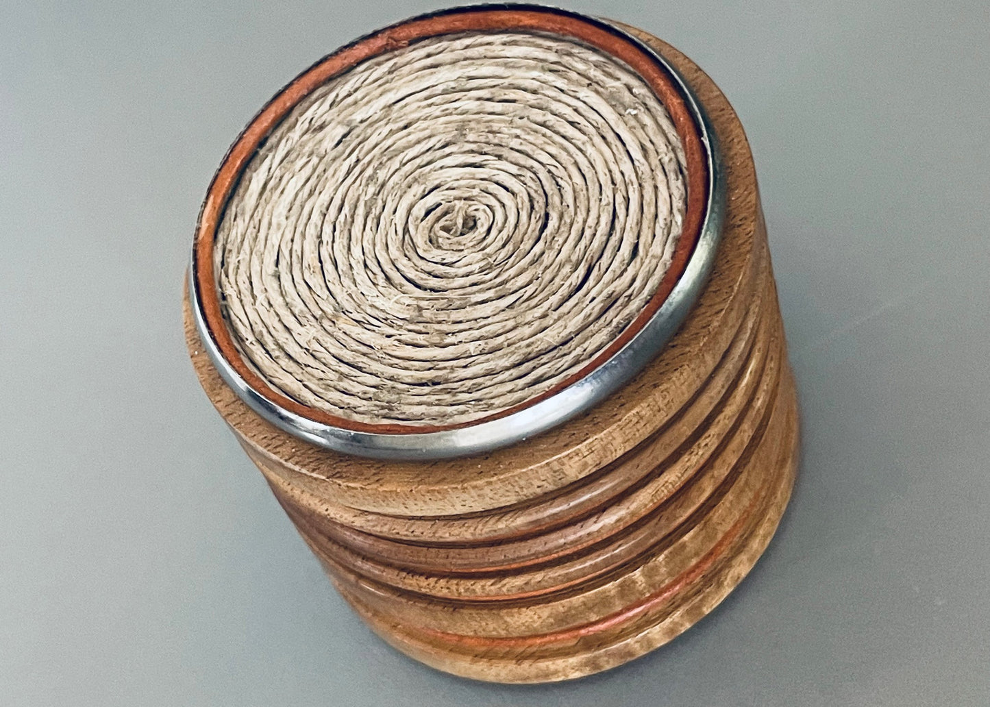 Round Wood Ribbed Accent End Table with Twine Inset Top