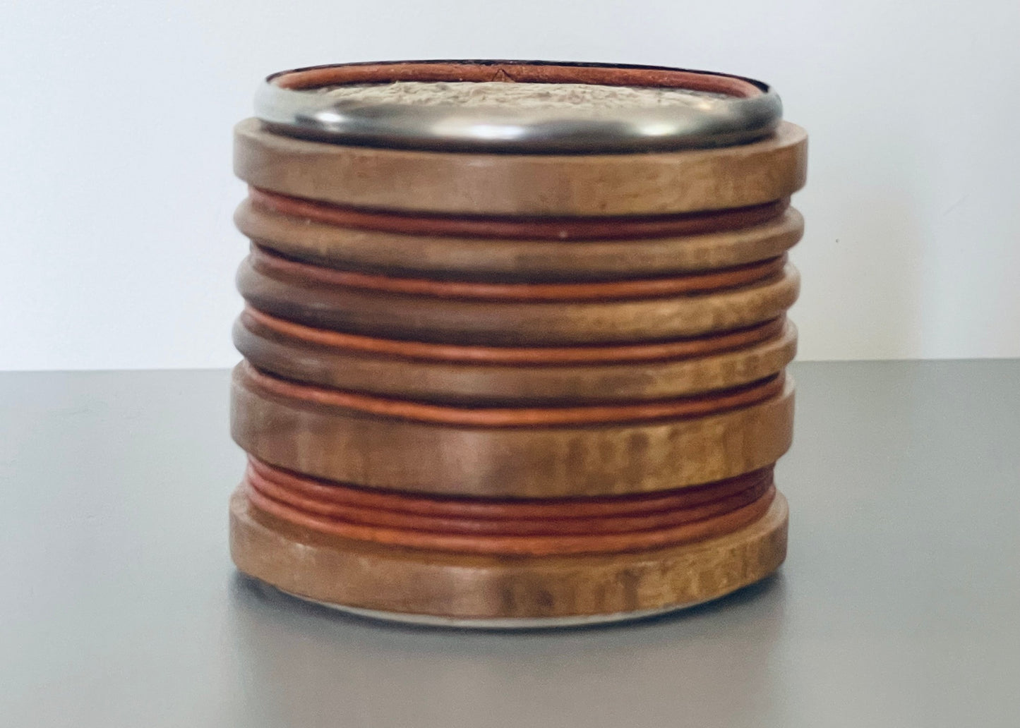 Round Wood Ribbed Accent End Table with Twine Inset Top