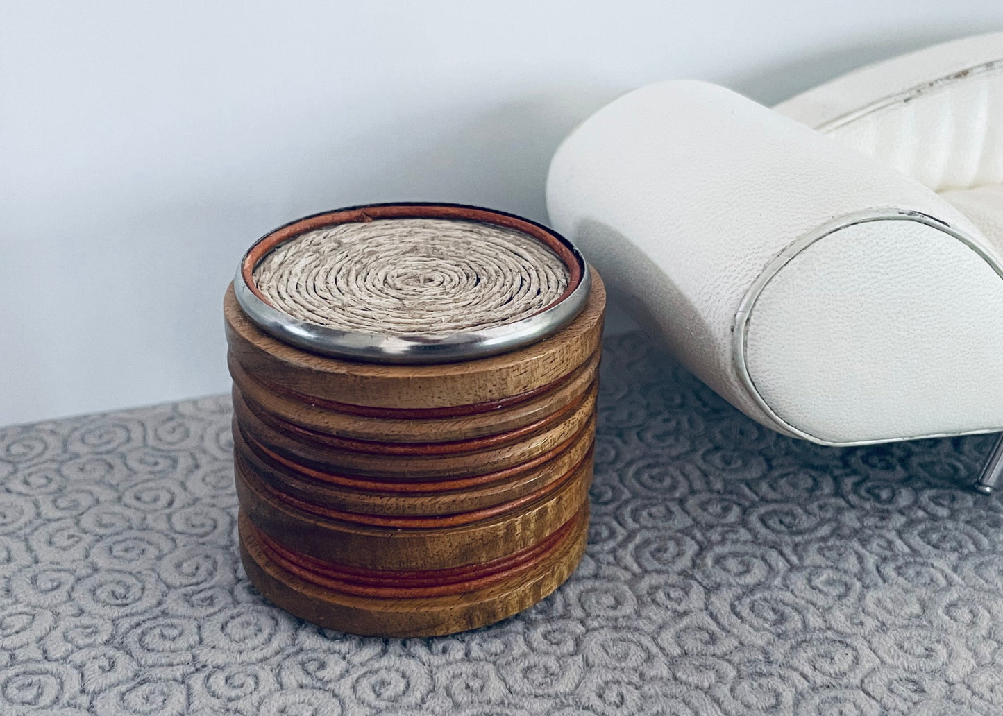 Round Wood Ribbed Accent End Table with Twine Inset Top