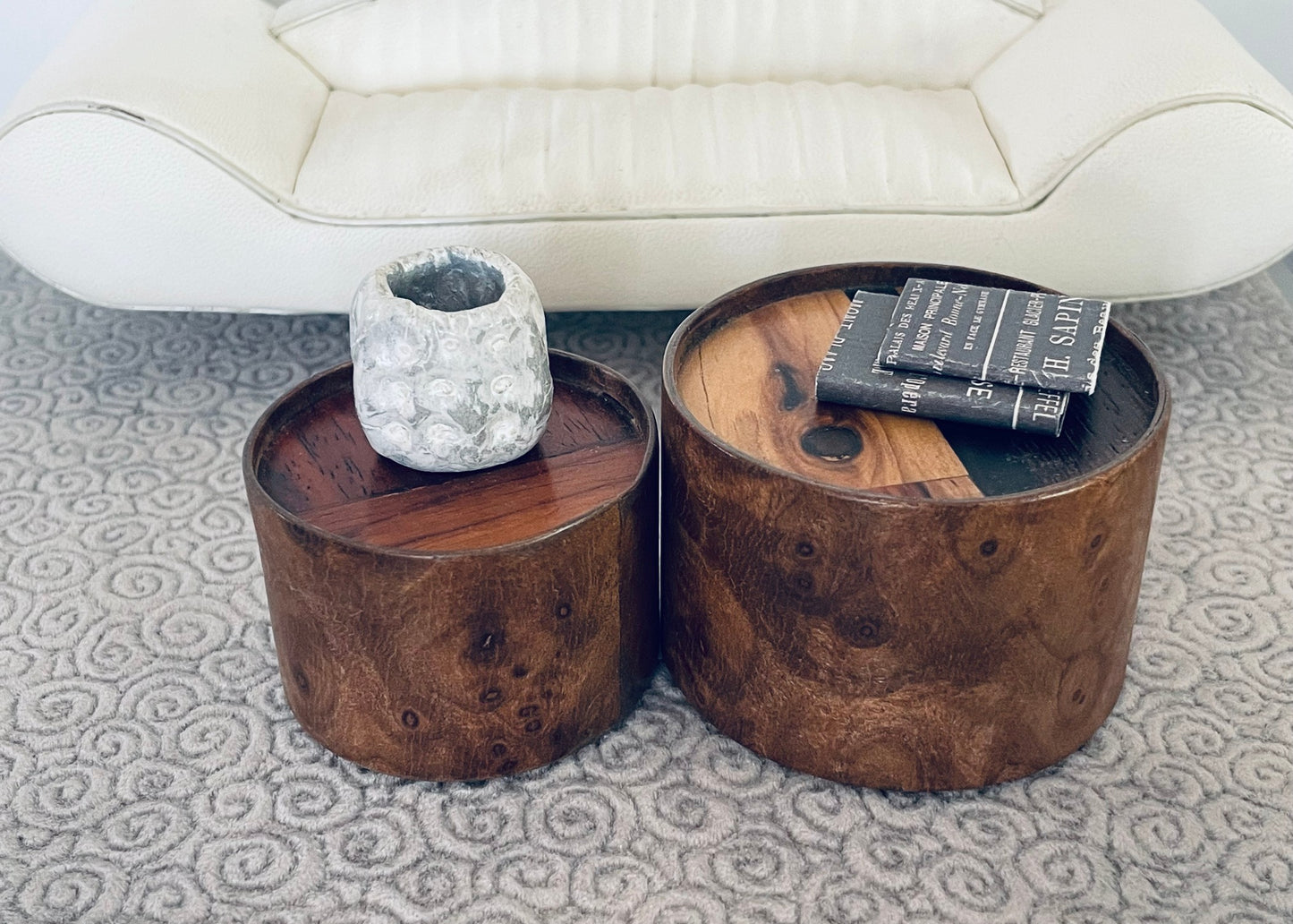 Small Round Burlwood Accent Table with M.U.T.T. Inset Top