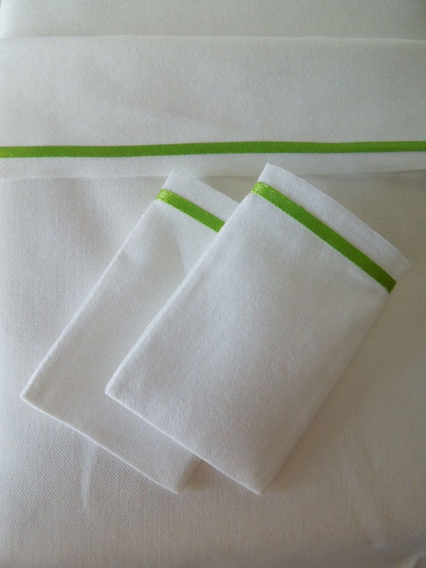White Sheet Set with Thin Green Satin Band