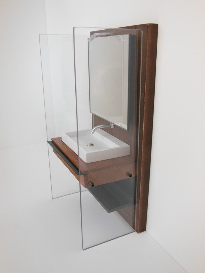 Industrial Single Vanity with Black Metal Shelf and Light Fixture