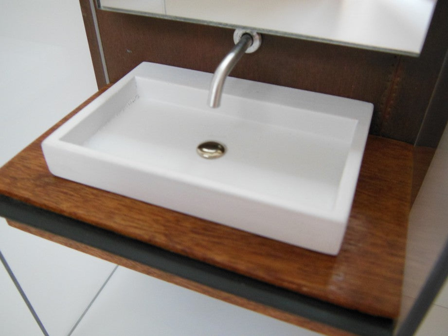 Industrial Single Vanity with Black Metal Shelf and Light Fixture