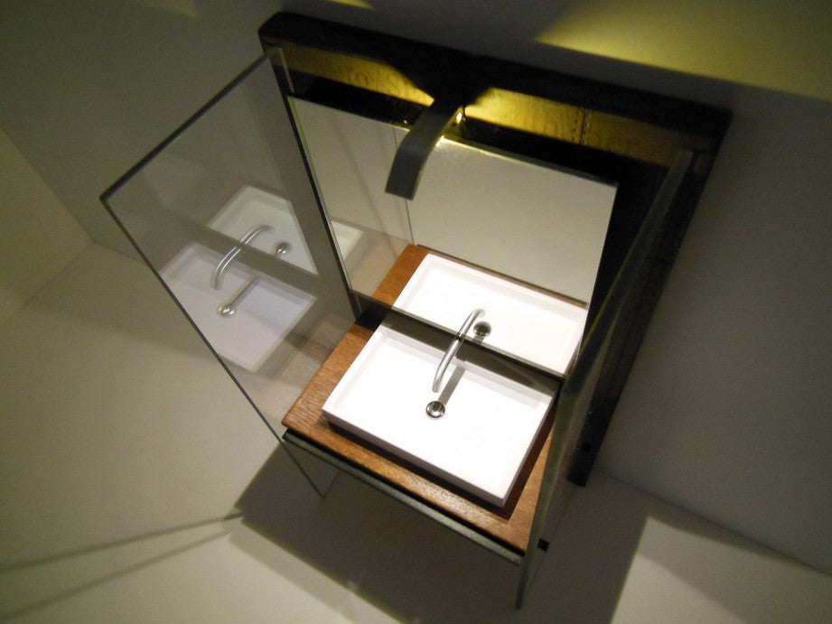 Industrial Single Vanity with Black Metal Shelf and Light Fixture
