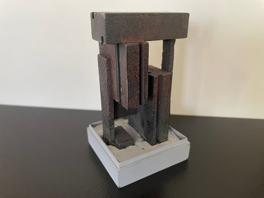 Block Floor Sculpture in Distressed Black Steel with Gray Base