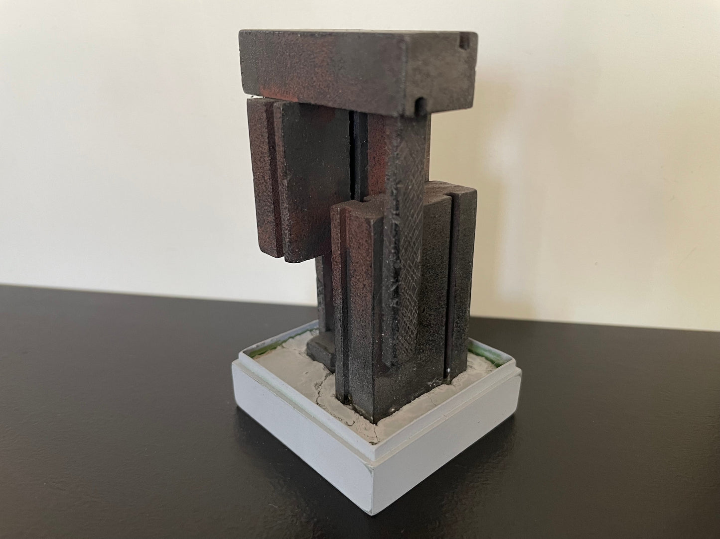 Block Floor Sculpture in Distressed Black Steel with Gray Base
