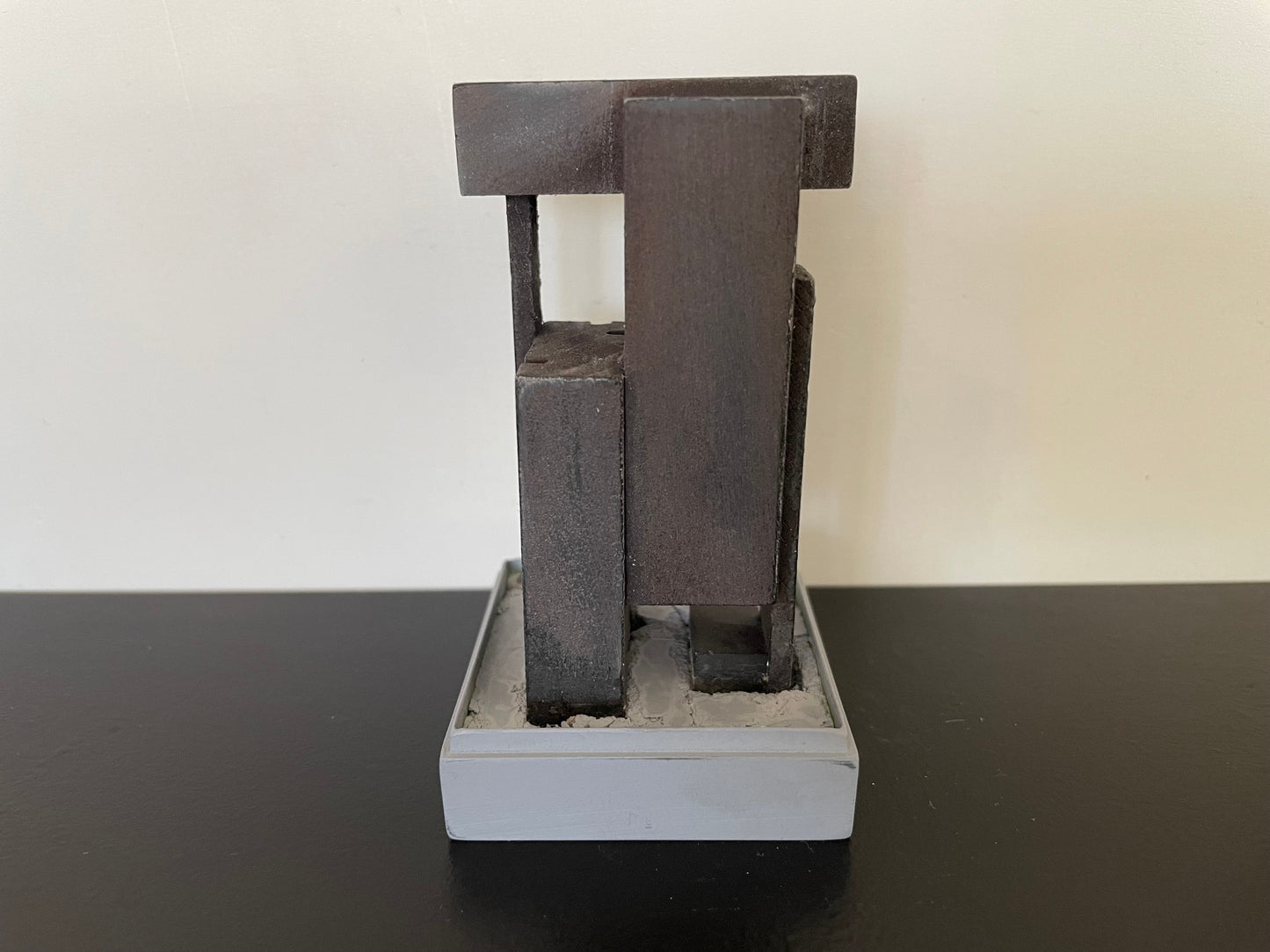 Block Floor Sculpture in Distressed Black Steel with Gray Base
