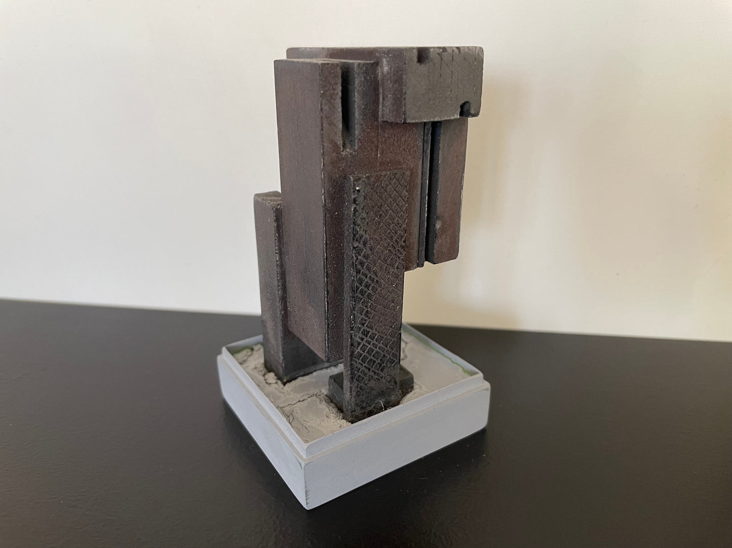 Block Floor Sculpture in Distressed Black Steel with Gray Base