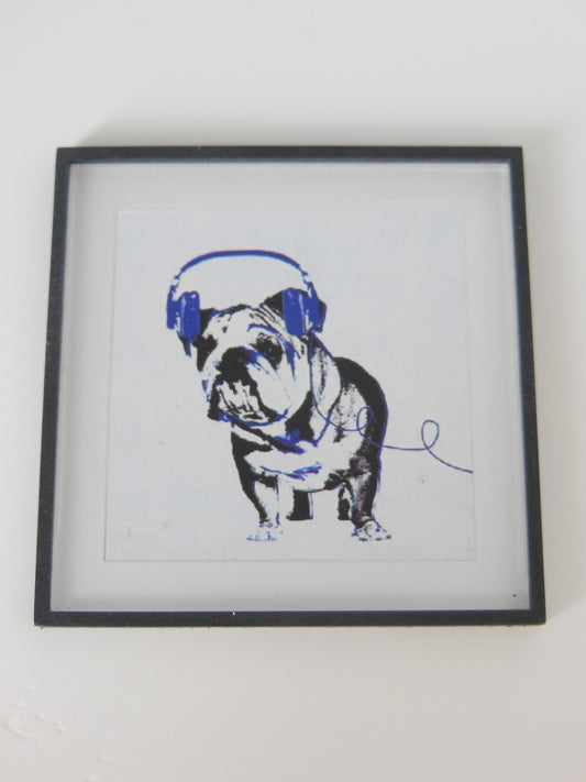 Dog with Blue Headphones Black Frame