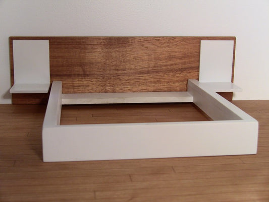 White Platform Bed with Cherry Headboard and White Nightstands