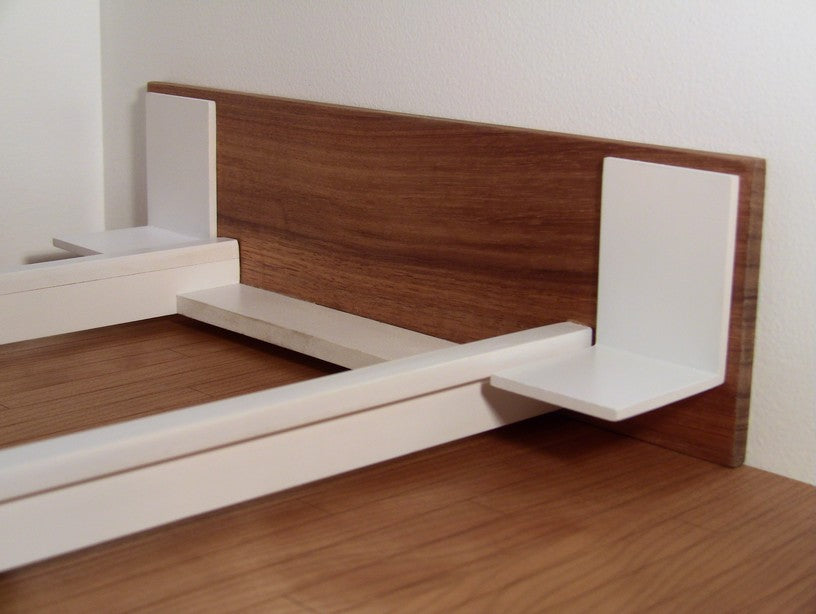 White Platform Bed with Cherry Headboard and White Nightstands