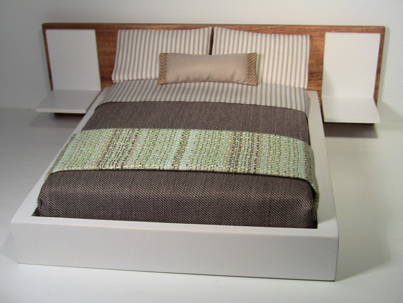 White Platform Bed with Cherry Headboard and White Nightstands