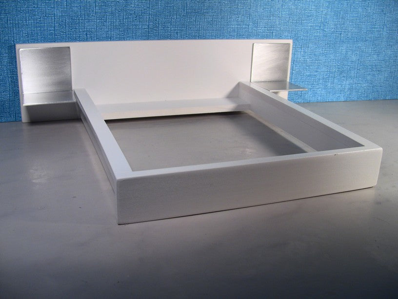 White Platform Bed with White Headboard and Aluminum Nightstands