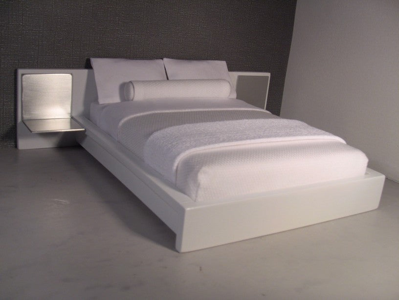 White Platform Bed with White Headboard and Aluminum Nightstands