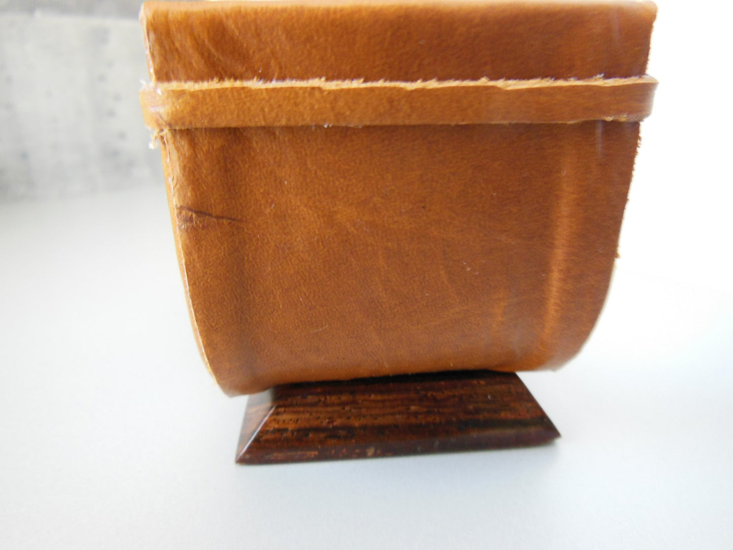 Tan Leather Chaise with Wood Base