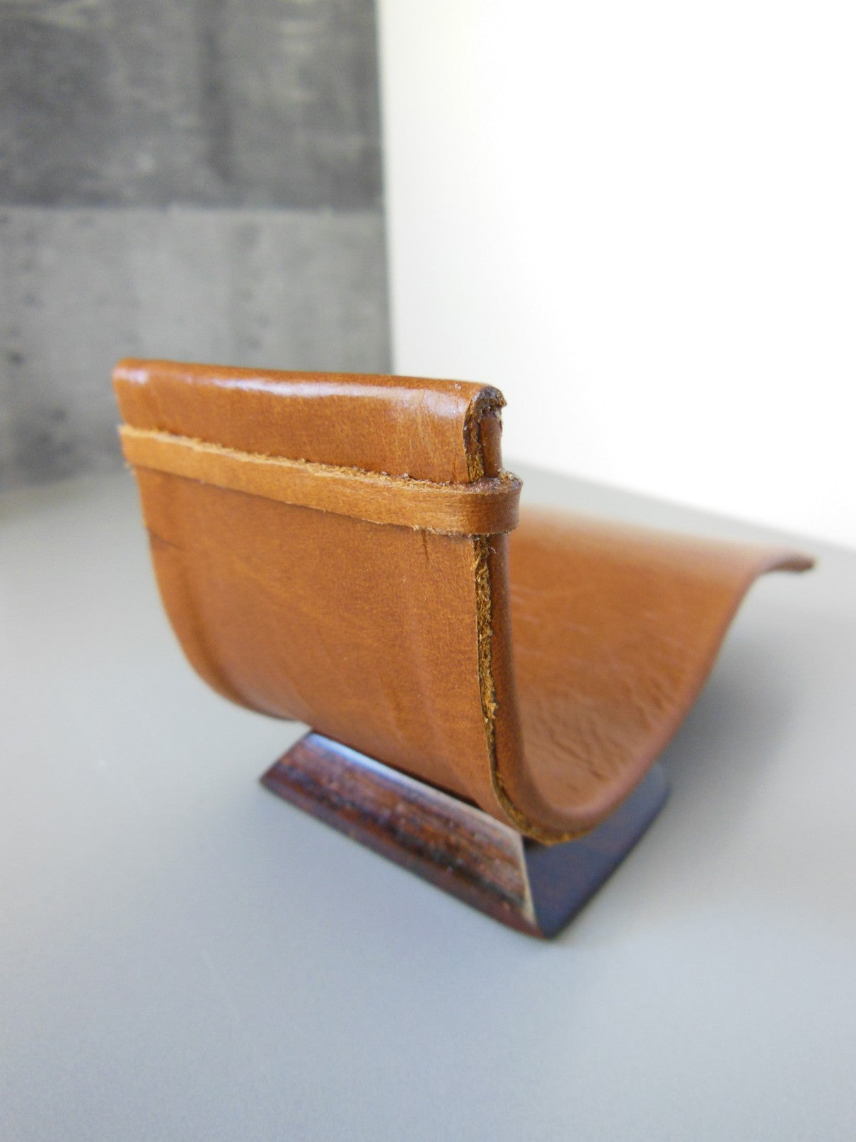 Tan Leather Chaise with Wood Base
