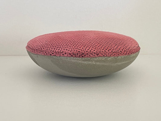 Round Concrete Base Ottoman with Pink Fabric Cushion Top