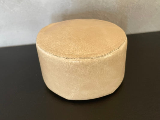 Round Leather Ottoman in Light Taupe