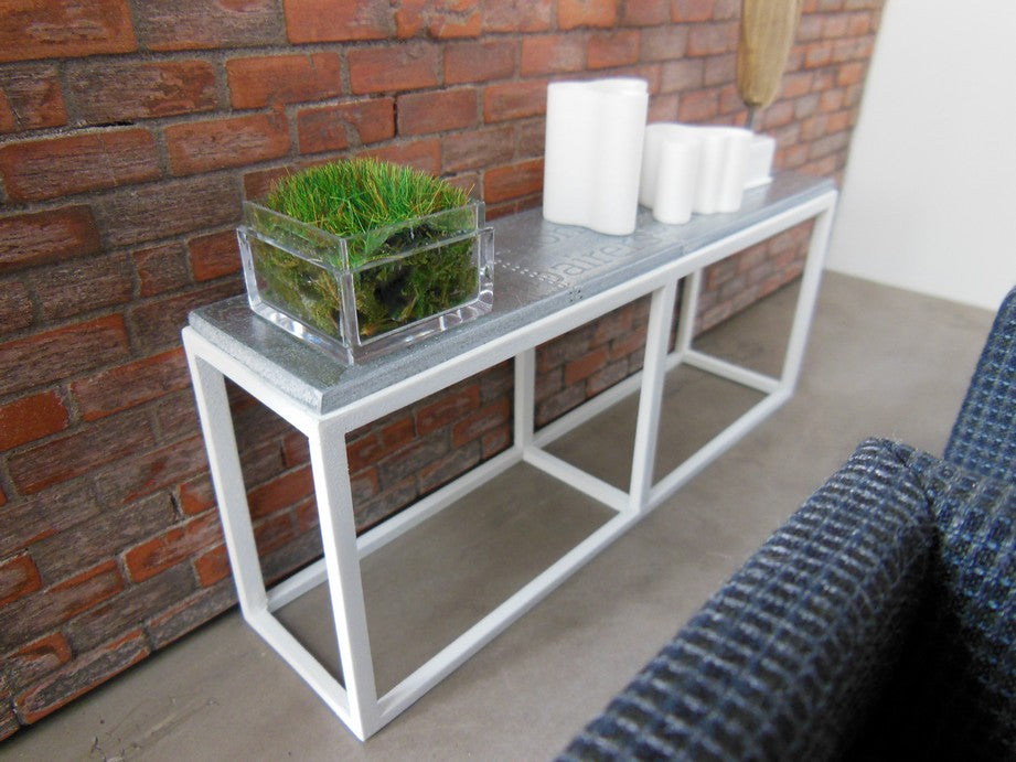 Industrial Console Table - White Base with Burnished Metal Top