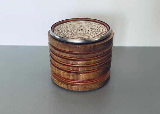 Round Wood Ribbed Accent End Table with Twine Inset Top