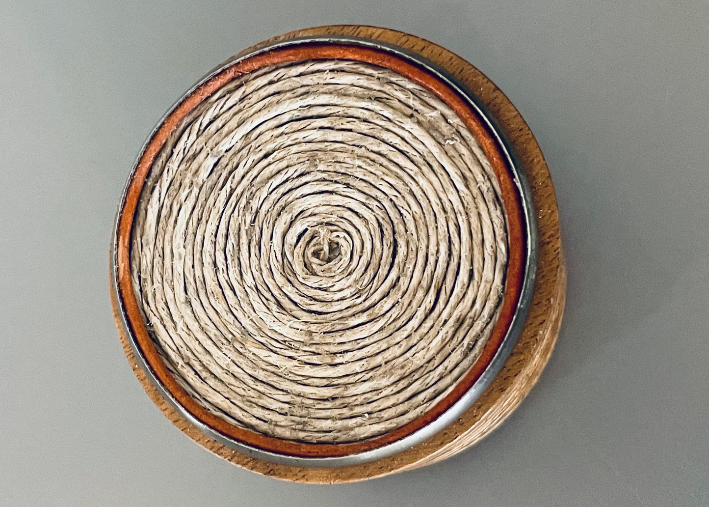 Round Wood Ribbed Accent End Table with Twine Inset Top