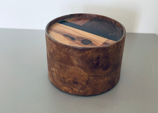 Medium Round Burlwood Accent Table with M.U.T.T. Inset Top
