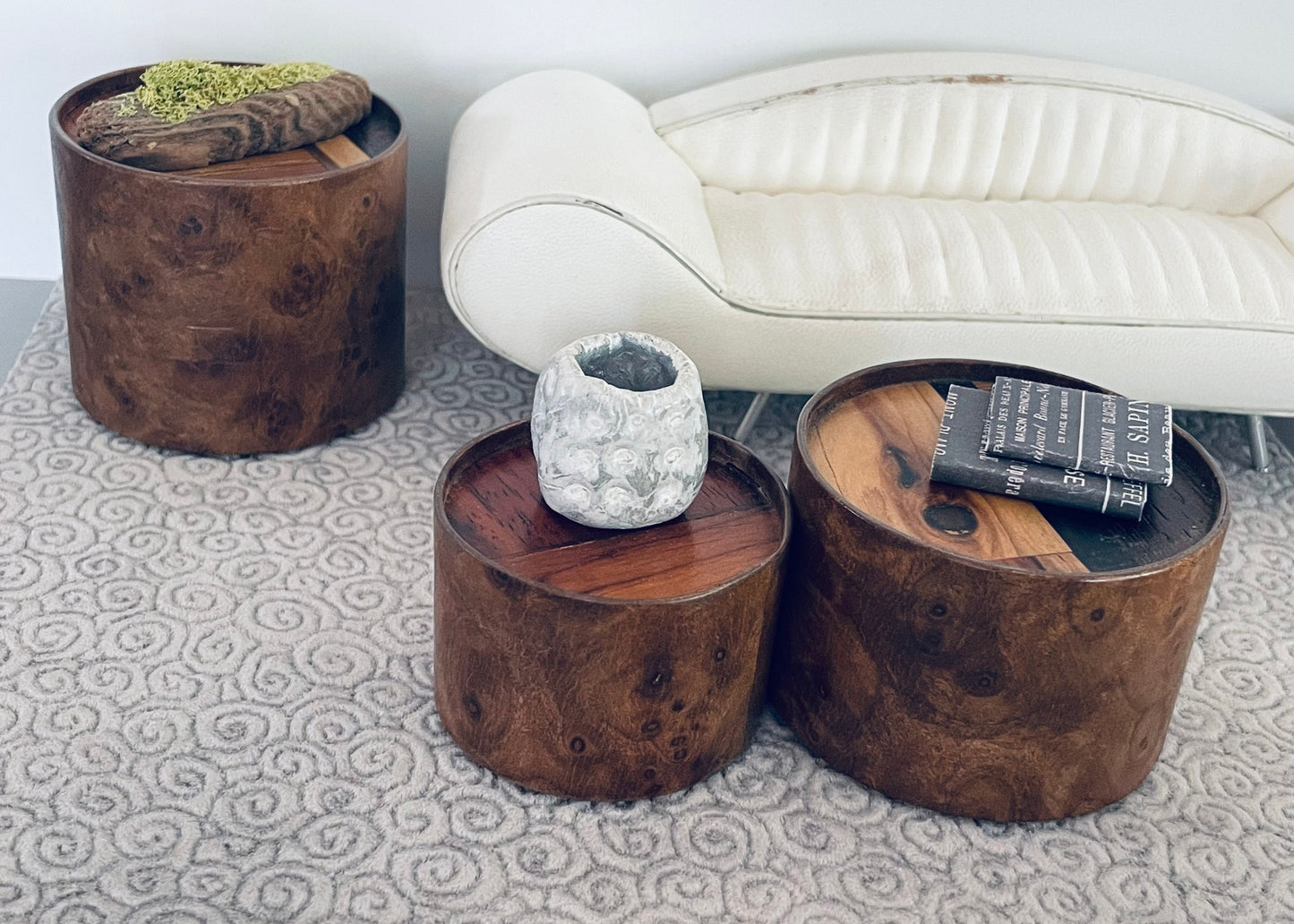 Medium Round Burlwood Accent Table with M.U.T.T. Inset Top