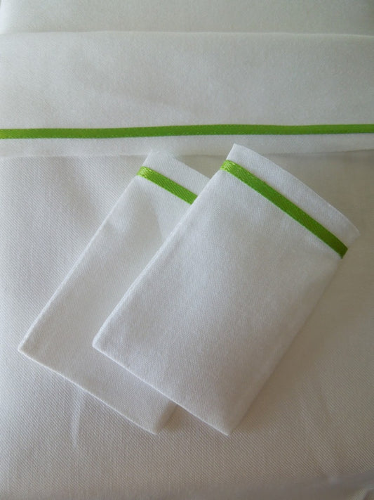 White Sheet Set with Thin Green Satin Band