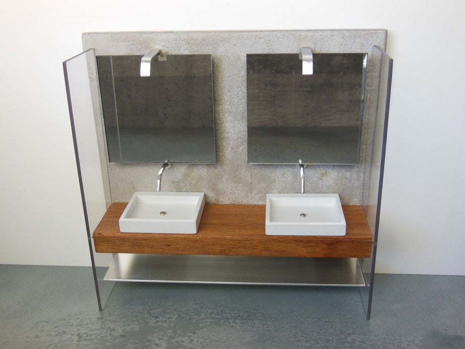Dual Vanity Unit - Mahogany Top with Concrete Back Wall