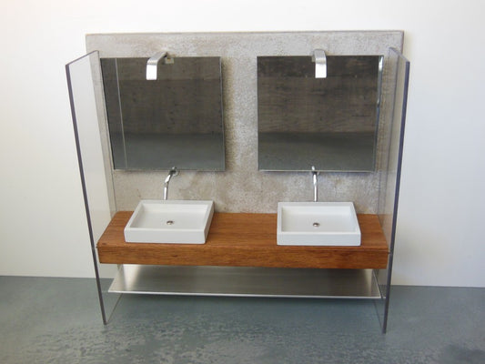 Dual Vanity Unit - Mahogany Top with Concrete Back Wall