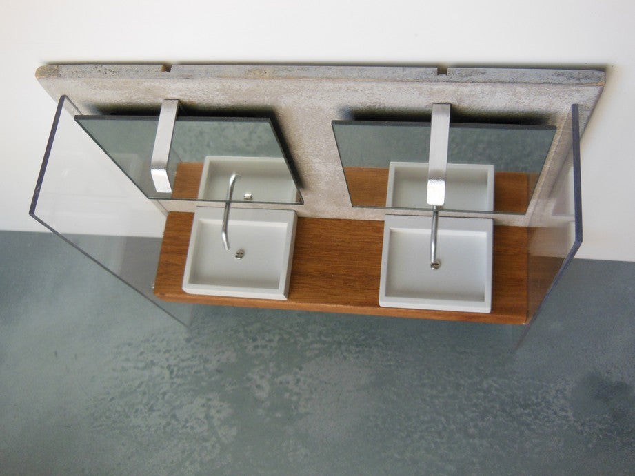 Dual Vanity Unit - Mahogany Top with Concrete Back Wall
