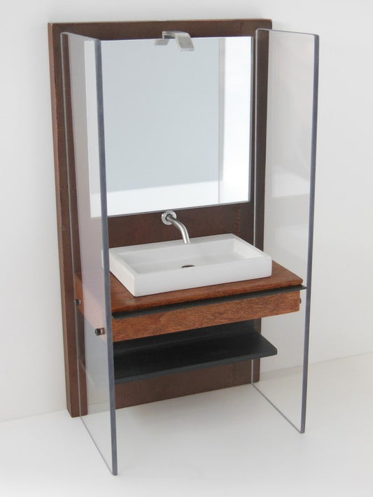 Industrial Single Vanity with Black Metal Shelf and Light Fixture