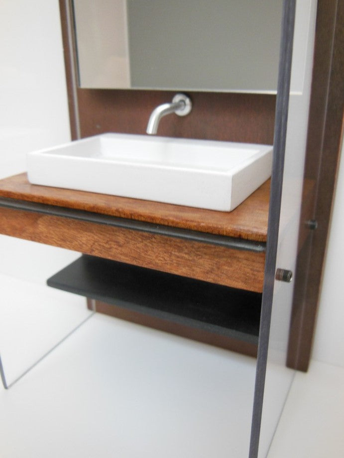 Industrial Single Vanity with Black Metal Shelf and Light Fixture
