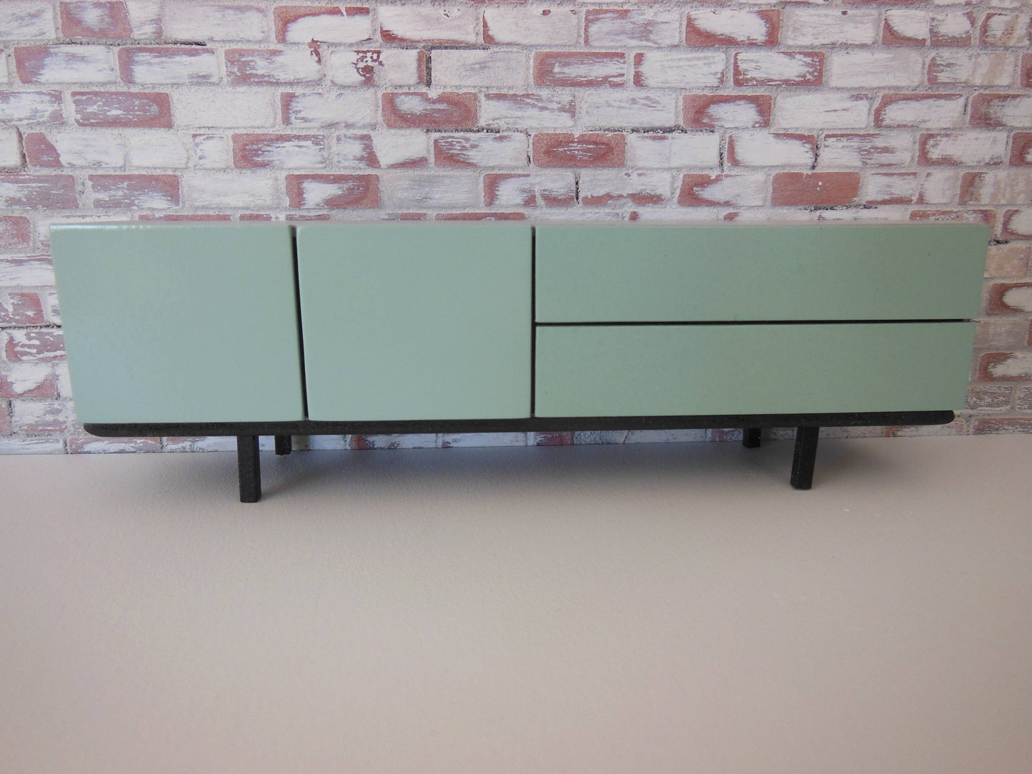 Mid Century Console in Gray with Blue Doors