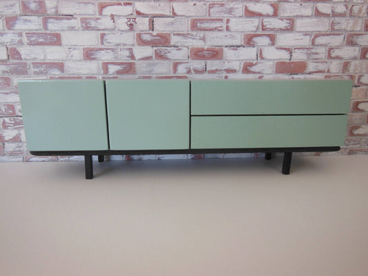 Mid Century Console in Gray with Blue Doors