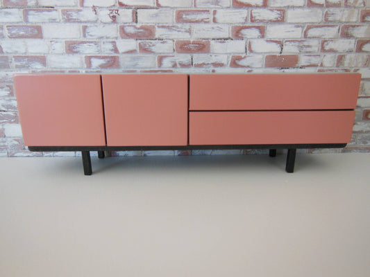 Mid Century Console in Gray with Coral Doors